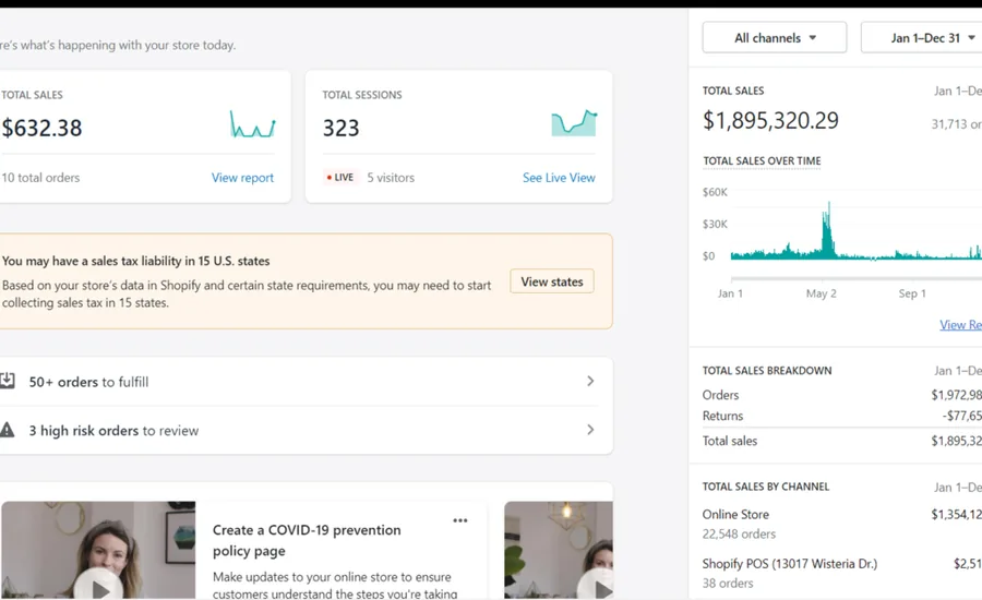 Shopify dashboard showing $1,895,320.29 in total sales across a full year