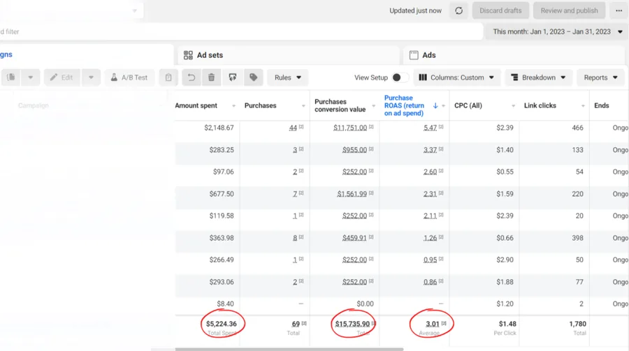 Meta Ads Manager: $5,224.36 spent returning $15,735.90 at 3.01x ROAS