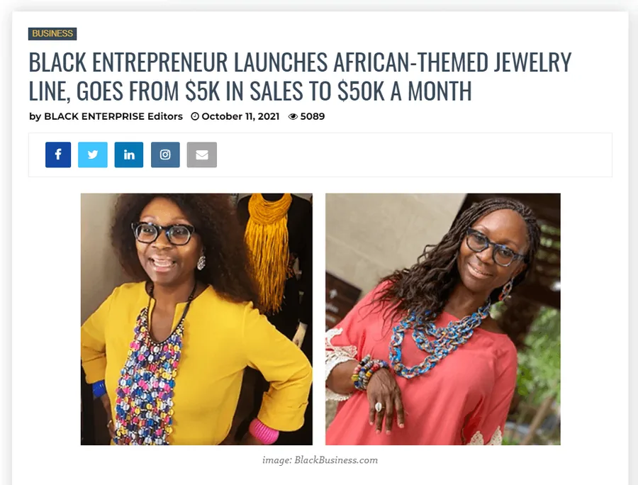 Black Enterprise article about a jewelry line going from $5K to $50K a month