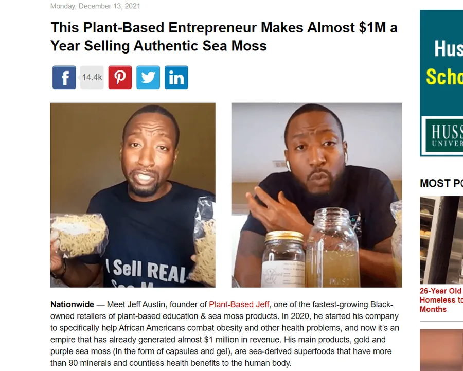 Press feature about a plant-based entrepreneur approaching $1M in annual revenue